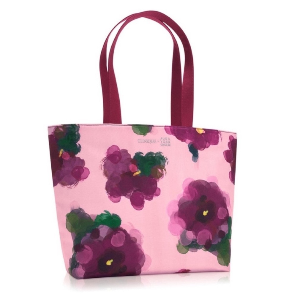 Clinique Pink Tote with Magenta Floral Print and Burgundy Handles